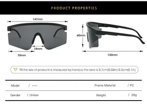 Detailed size chart showing frame width and lens height for cycling sports sunglasses