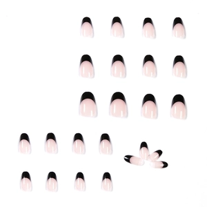 Faux ongles amande nude et noir de style français minimaliste en tailles assorties