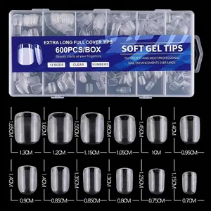 600pcs extra long soft gel clear nail tips in 12 sizes with detailed measurements