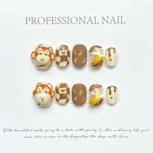 Handmade Press On Nails 3D Cartoon Monkey Banana Checkered Design Kawaii Sweet Style Reusable Manicure For Women