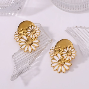 Classic 18k gold stainless steel daisy earrings with white enamel petals on glass