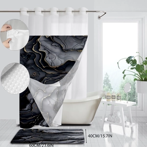 Rideau de douche marbré avec détails dorés et tapis de bain antidérapant assorti de luxe