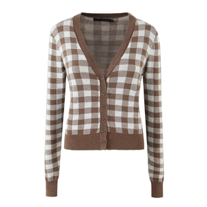 Brown and white checkerboard knit cardigan and shorts set with V-neck button-down design
