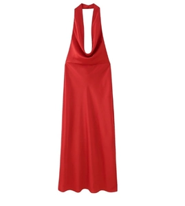 Detail of red backless halter midi dress with a smooth and glossy satin finish