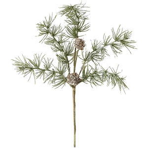 Artificial pine branch with snow-flocked needles and brown pinecones for Christmas decor