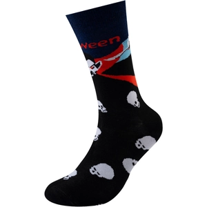 Detail view of Halloween knit socks with cartoon vampire skull print and ween lettering