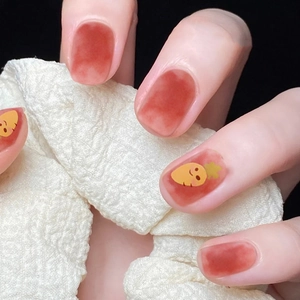 Glossy Press On Nails Short Round Square Gradient Pink Artificial Fake Nails With Cartoon Carrot Pattern For Women