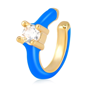 Detail of gold-plated ear cuff with blue enamel finish and sparkling round CZ stone
