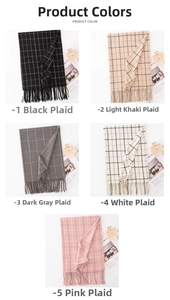 Detailed grid showing five color options for plaid scarves with soft fringe edges