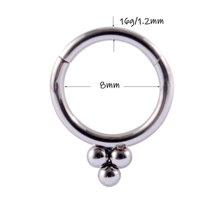 Silver stainless steel nose ring with three beads, 1.2mm gauge and 8mm inner diameter