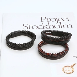 Three men's woven leather bracelets with natural volcanic lava stones and magnetic clasps