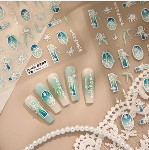 Detailed relief nail stickers featuring elegant white epiphyllum and floral motifs