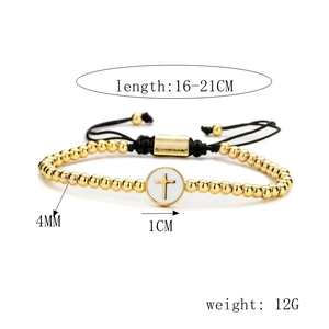 Detail showing adjustable 16-21cm woven bracelet with 4mm gold beads and cross charm