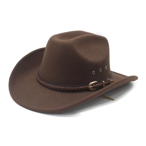 Classic dark brown wide brim felt cowboy hat with braided leather belt and gold buckle