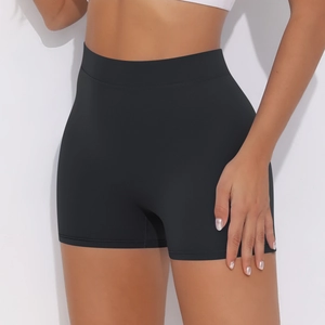 Detail of high waist seamless waistband on black matte compression yoga shorts