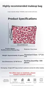 Linen leopard print cosmetic bag details with size 17x25cm and weight specifications