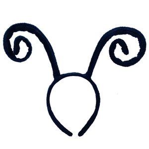 Detail of plush black headband with curled insect feelers for party cosplay costumes