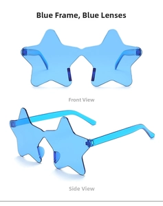 Detail of blue rimless star-shaped sunglasses with a polished transparent texture