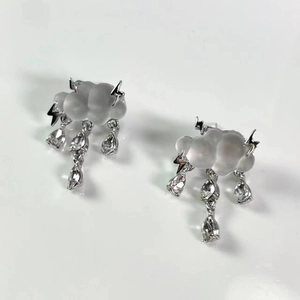 Detail of silver lightning cloud earrings with frosted clouds and crystal raindrops