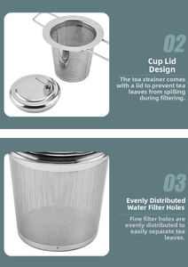 Detail of high-density stainless steel tea infuser with mesh filter and matching metal lid