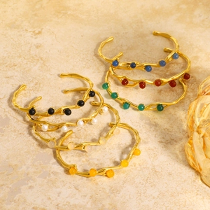 Vintage 18K Gold Plated Stainless Steel Wave Open Bangle With Inlaid Colorful Beads For Women Hypoallergenic