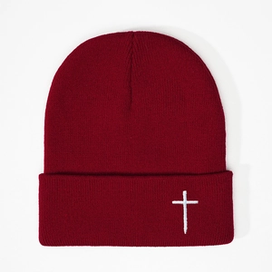 Classic wine red knit beanie featuring a white cross embroidery in street fashion style