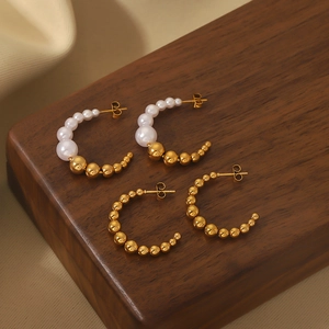 Stainless Steel C Shaped Graduated Beaded Hoop Earrings With Artificial Pearls 18K Gold Plated Earring Post Fashion For Women
