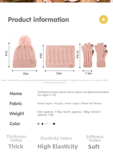 Detailed size chart for kids' winter fleece-lined knitted hat, scarf, and gloves set