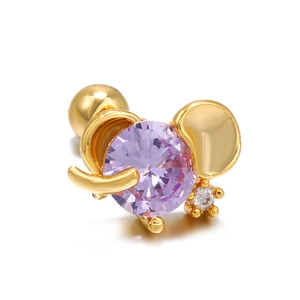 Golden elephant stud earring with large purple zircon and sparkling white crystals