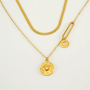 Double layered gold snake chain necklace with heart pendant charms in stainless steel