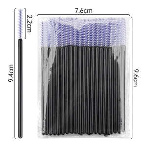 Disposable purple mascara wands with black handles and size dimensions in a 50-piece pack