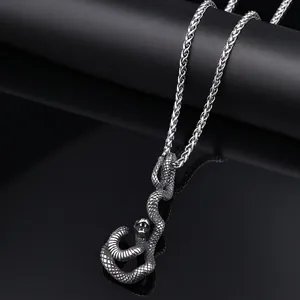 Retro stainless steel snake pendant necklace with detailed scales and wheat chain