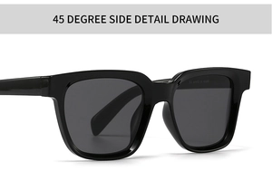 Detailed 45-degree side view of thick black square sunglasses frame and hinge