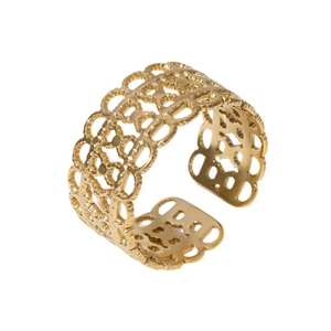 Hollow geometric pattern open ring in gold plated stainless steel with lace textures