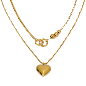 Hip-hop style dual-layer 18k gold plated stainless steel necklace with heart and ring charms