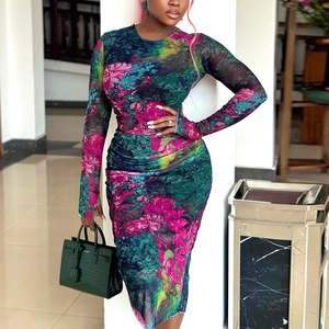 Elegant floral print mesh long sleeve midi dress with slim fit and round neckline