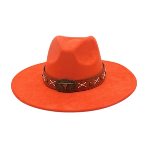 Vibrant orange ethnic wide-brimmed fedora hat featuring a metal bull skull buckle