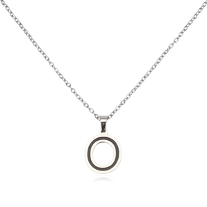 Detail of silver chain necklace with a black and silver round letter O pendant