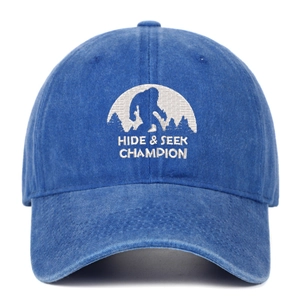 Detail of HIDE & SEEK CHAMPION embroidery on washed denim blue cotton baseball cap
