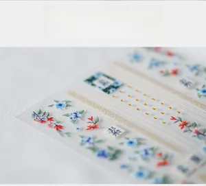 Macro shot of 5D embossed nail stickers featuring floral patterns and gold wave accents