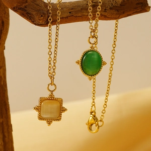 French vintage 18K gold plated stainless steel necklace with opal stone pendants