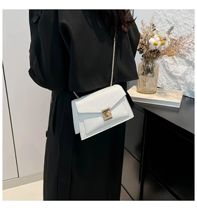 Detail of white crocodile pattern crossbody bag with gold chain strap and luxury lock