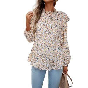 Camicetta da donna a fiori a maniche lunghe con scollo a balze in stile boho bianco