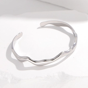 Minimalist silver wavy titanium steel open bangle with liquid metal mirror finish