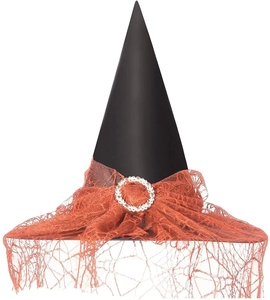 Detail of black oxford fabric witch hat with orange spiderweb lace and silver buckle