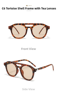 Detailed front and side views of vintage tortoiseshell double-bridge sunglasses