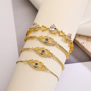 Evil Eye Heart Adjustable Bracelet Copper Gold Plated Zircon Micro Pave Elegant Fashion Jewelry Gift For Women