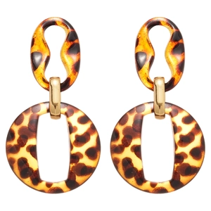Chic leopard print resin earrings with gold metal links on a white background