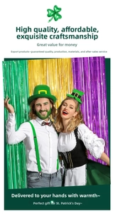 Close-up of Mardi Gras tinsel fringe curtains in green gold and purple festive party colors