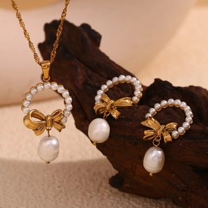 Retro Bow Artificial Pearl Pendant Necklace And Earrings Stainless Steel 18K Gold Plated Elegant Jewelry For Women